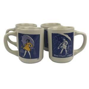 Morton Salt 4 Coffee Mugs Set When It Rains It Pours 1914 1921 1956 1968 Japan